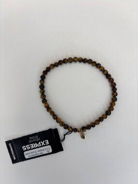 Express Mens Tigers Eye Natural Stone Stretch Bracelet Gold Tone Accents NEW